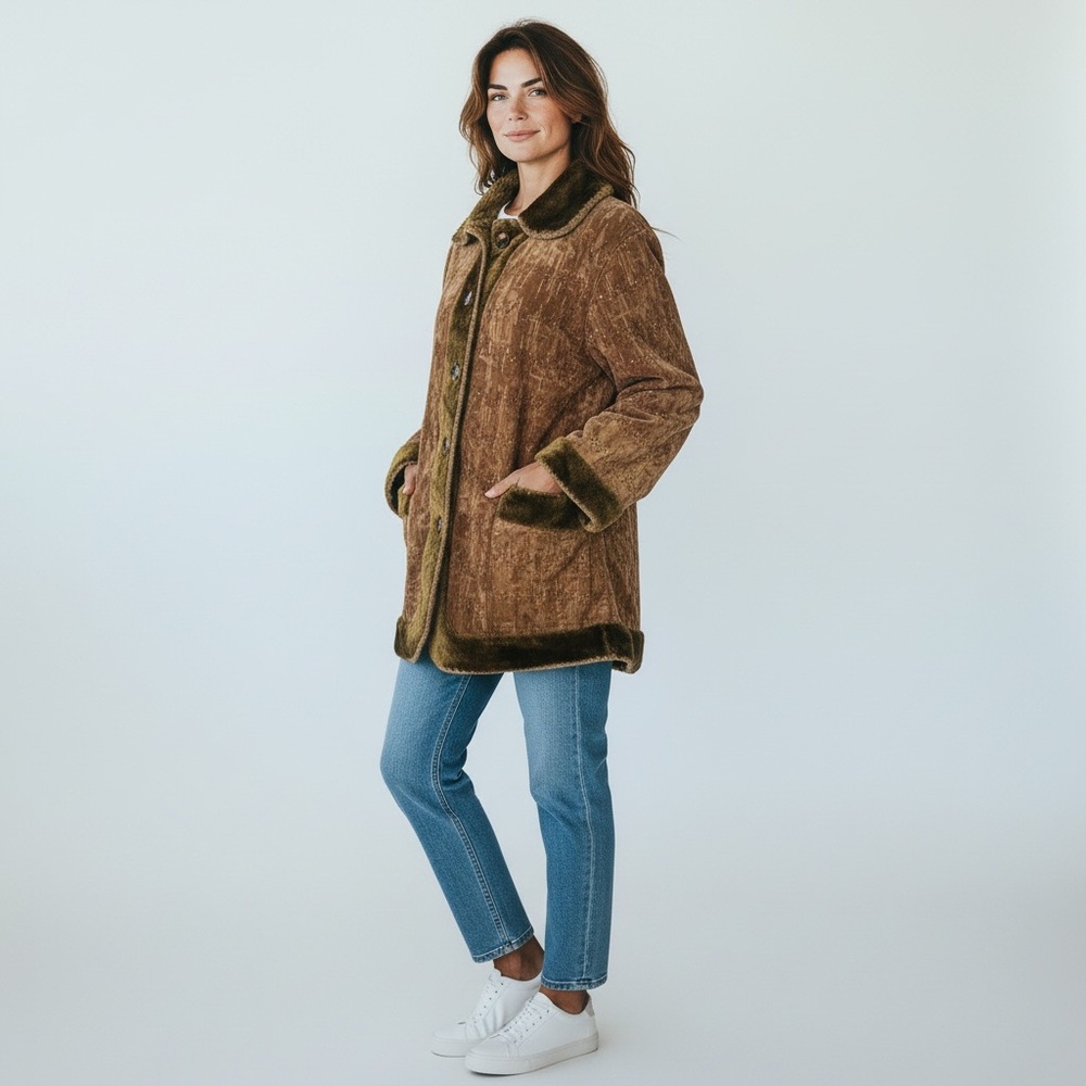 vtg Milly jeans faux suede embellished sherpa coat L - Picture 13 of 13